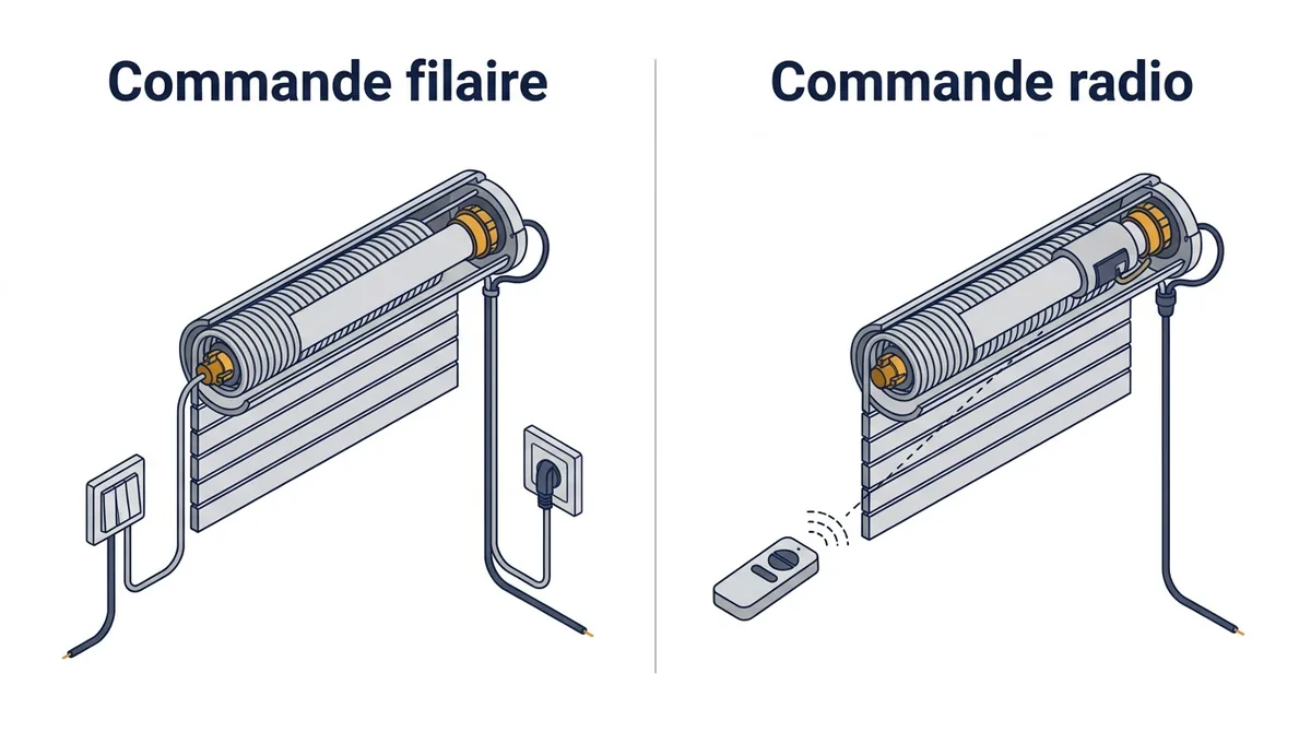 Motorisation de volet roulant à Antony : commande filaire ou radio, avec alimentation dans les deux cas
