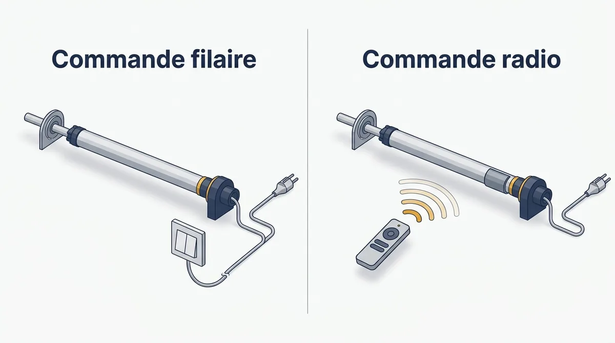Motorisation de volet roulant à Persan : commandes filaire et radio, moteur alimenté dans les deux cas