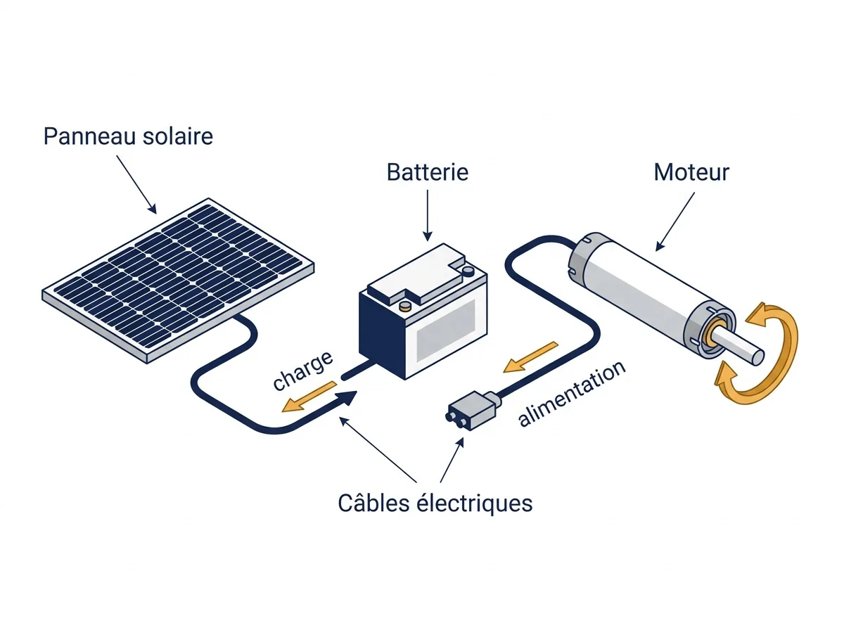 Motorisation solaire à Alfortville : alimentation du moteur par le panneau et la batterie