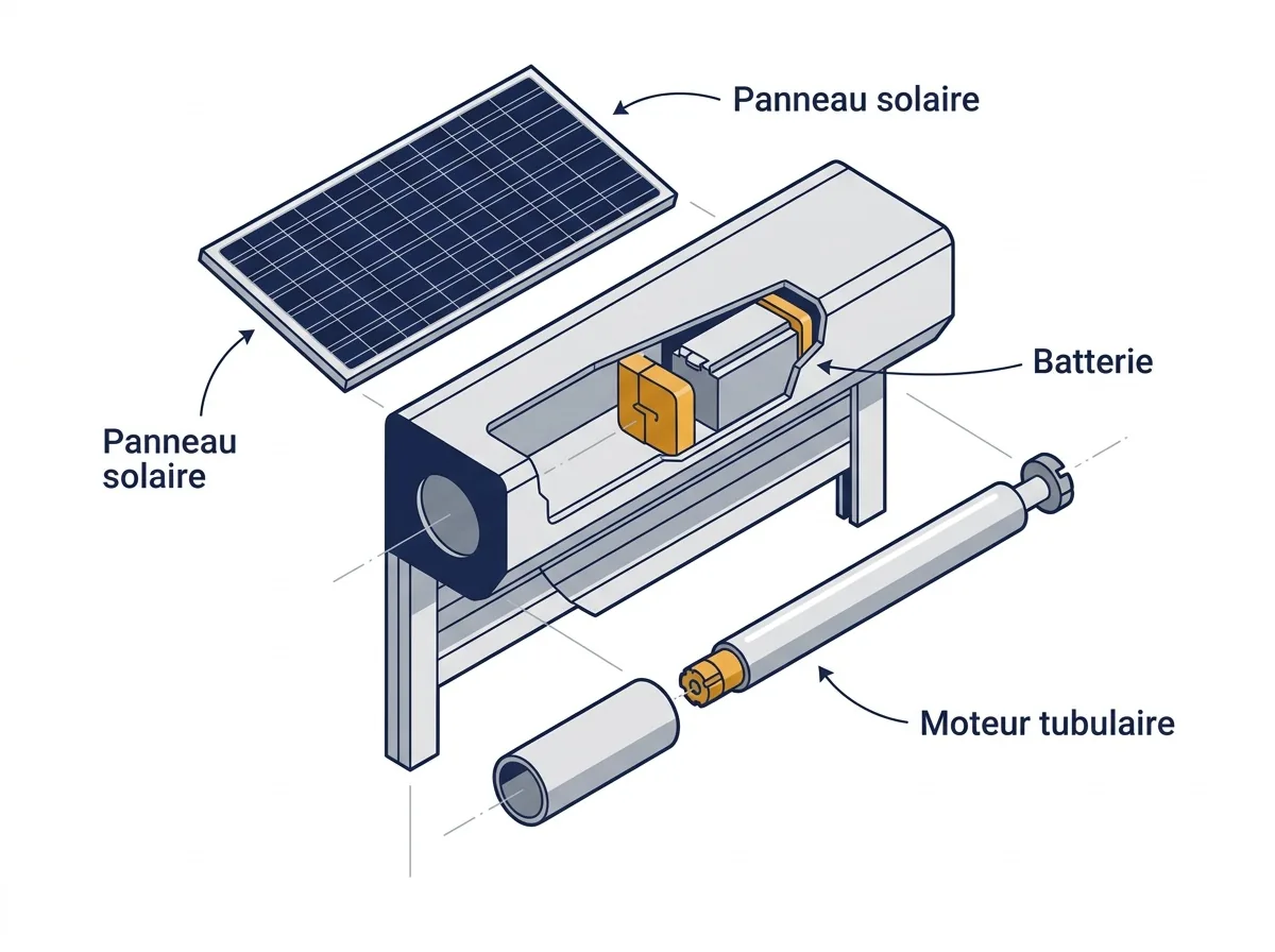 Motorisation solaire à Rueil-Malmaison : vue éclatée du panneau, de la batterie et du moteur
