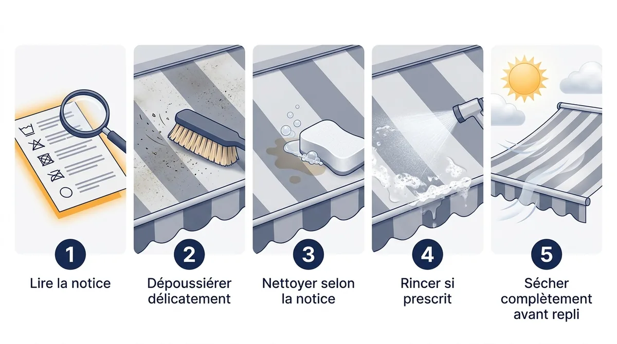 Nettoyage d’un store banne en cinq étapes, de la notice au séchage complet avant repli.