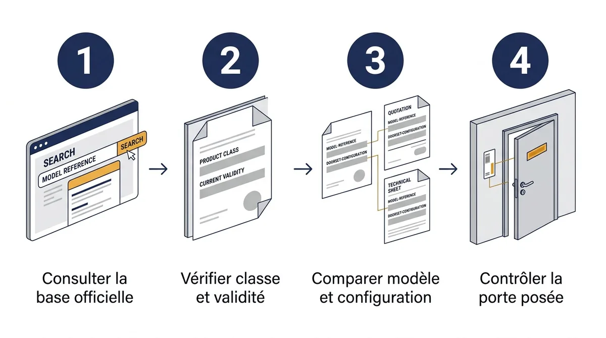 Norme A2P pour une porte blindée : étapes de contrôle du certificat et du modèle posé.