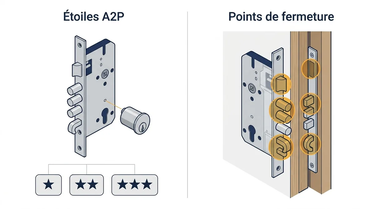 Norme A2P pour une porte blindée : étoiles de serrure et points de fermeture comparés.