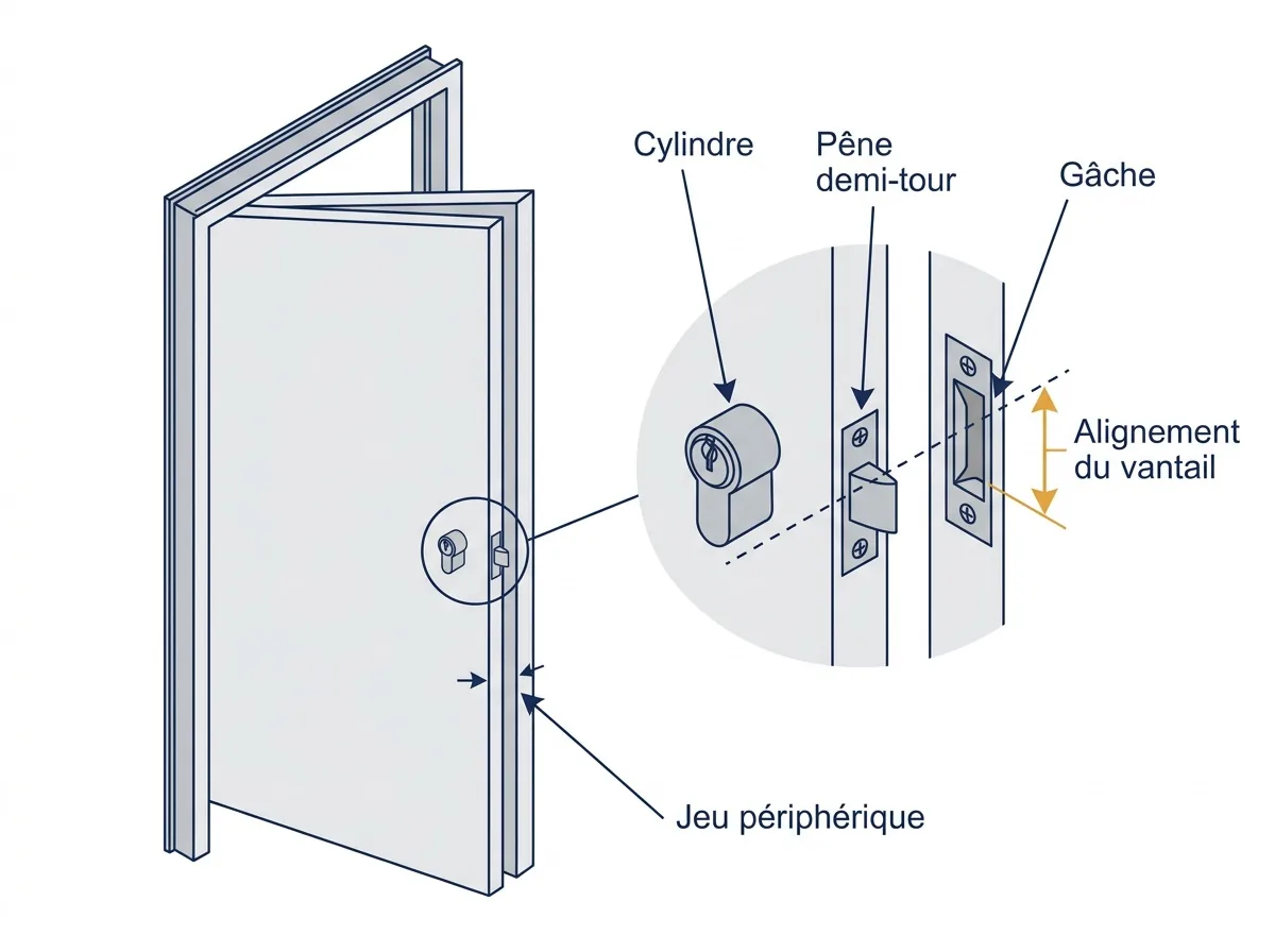 Porte à Andrésy : repérage du cylindre et des points de contrôle de l’alignement avec le bâti