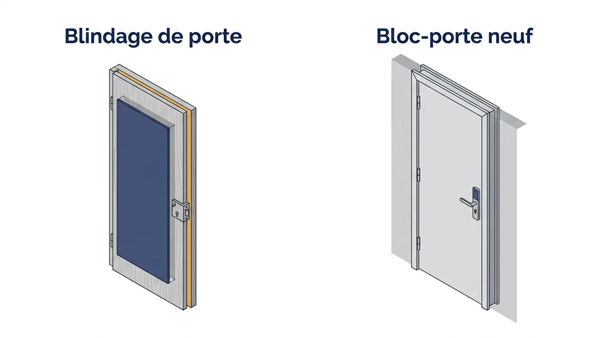 Porte à Arpajon : comparaison entre le blindage d’une porte conservée et un bloc-porte neuf