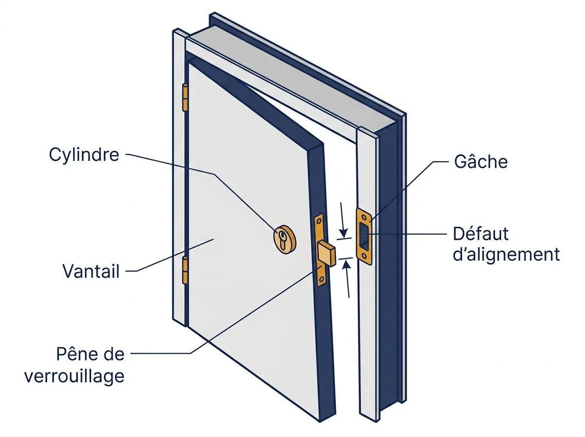 Porte à Ballainvilliers : schéma du cylindre et du désalignement entre pêne et gâche