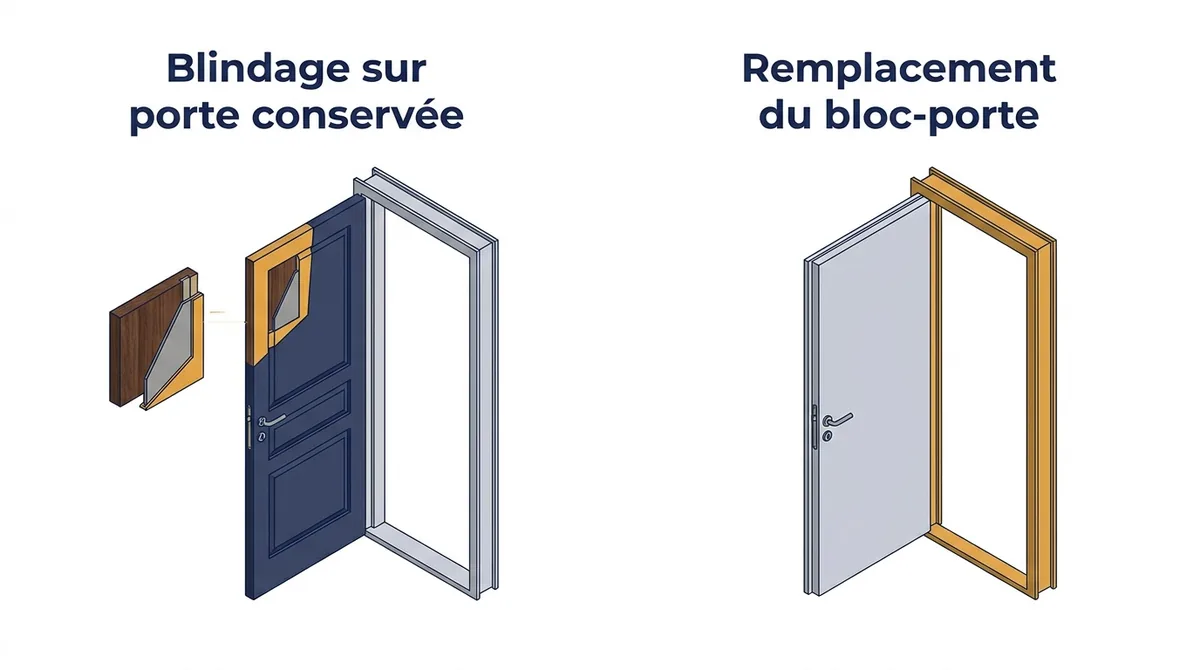 Porte à Charenton-le-Pont : comparaison entre blindage sur porte conservée et remplacement du bloc-porte