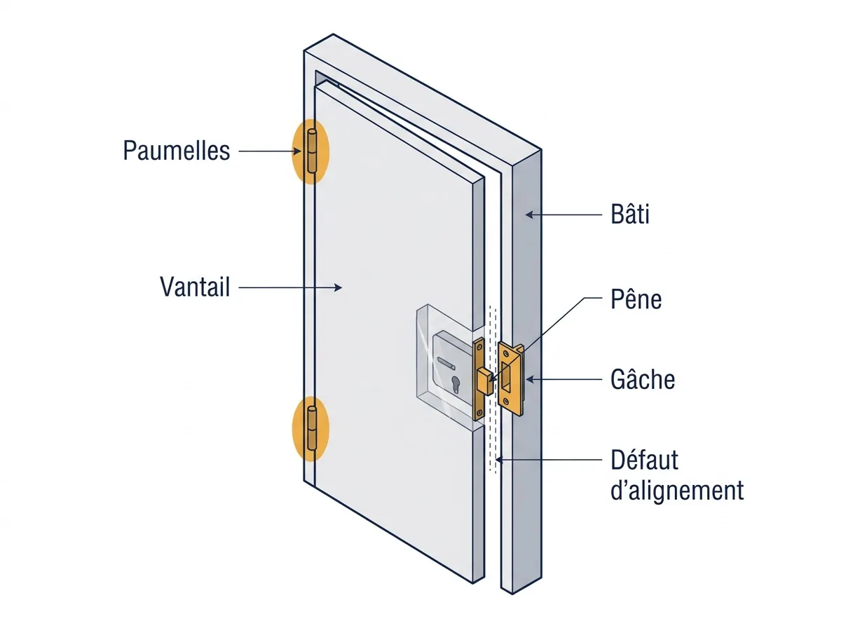 Porte à Chilly-Mazarin : schéma des paumelles et du défaut d’alignement entre pêne et gâche
