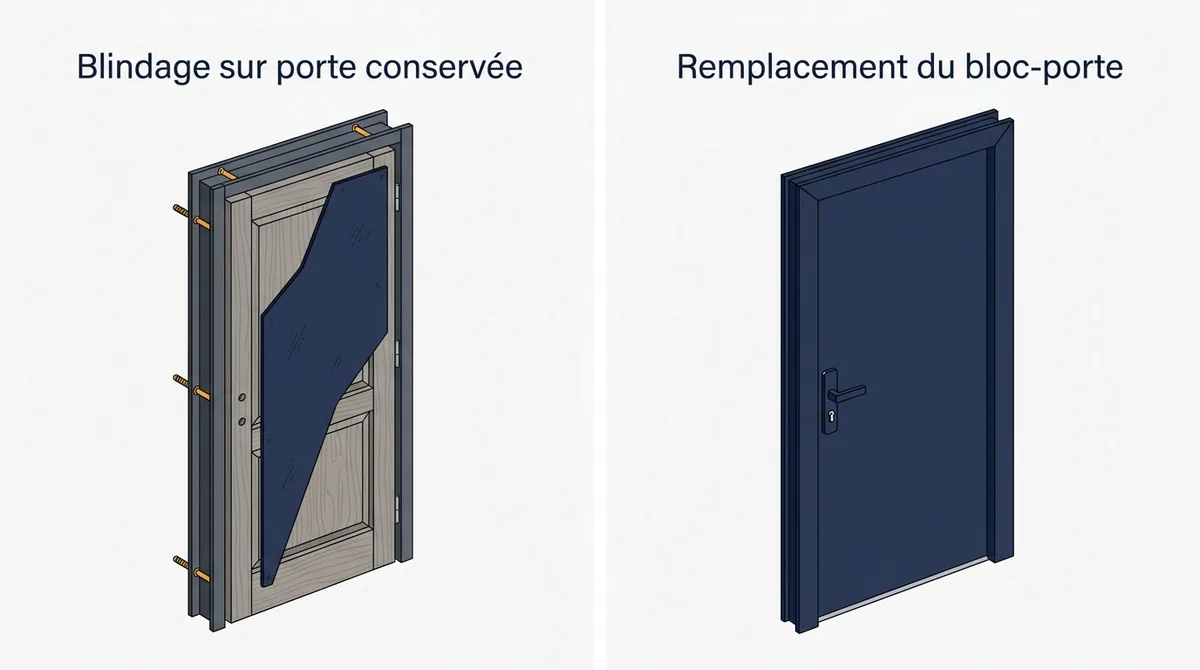Porte à Dourdan : comparaison entre blindage sur porte conservée et remplacement du bloc-porte