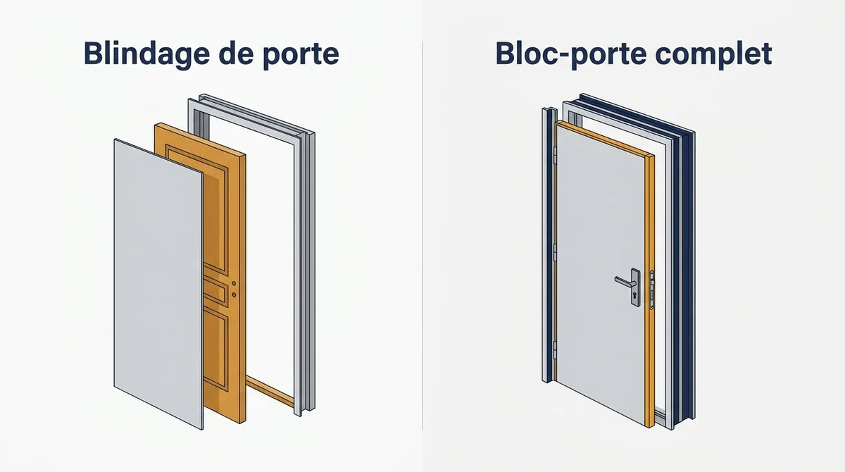 Porte à Étréchy : comparaison du blindage sur porte conservée et du remplacement par un bloc-porte