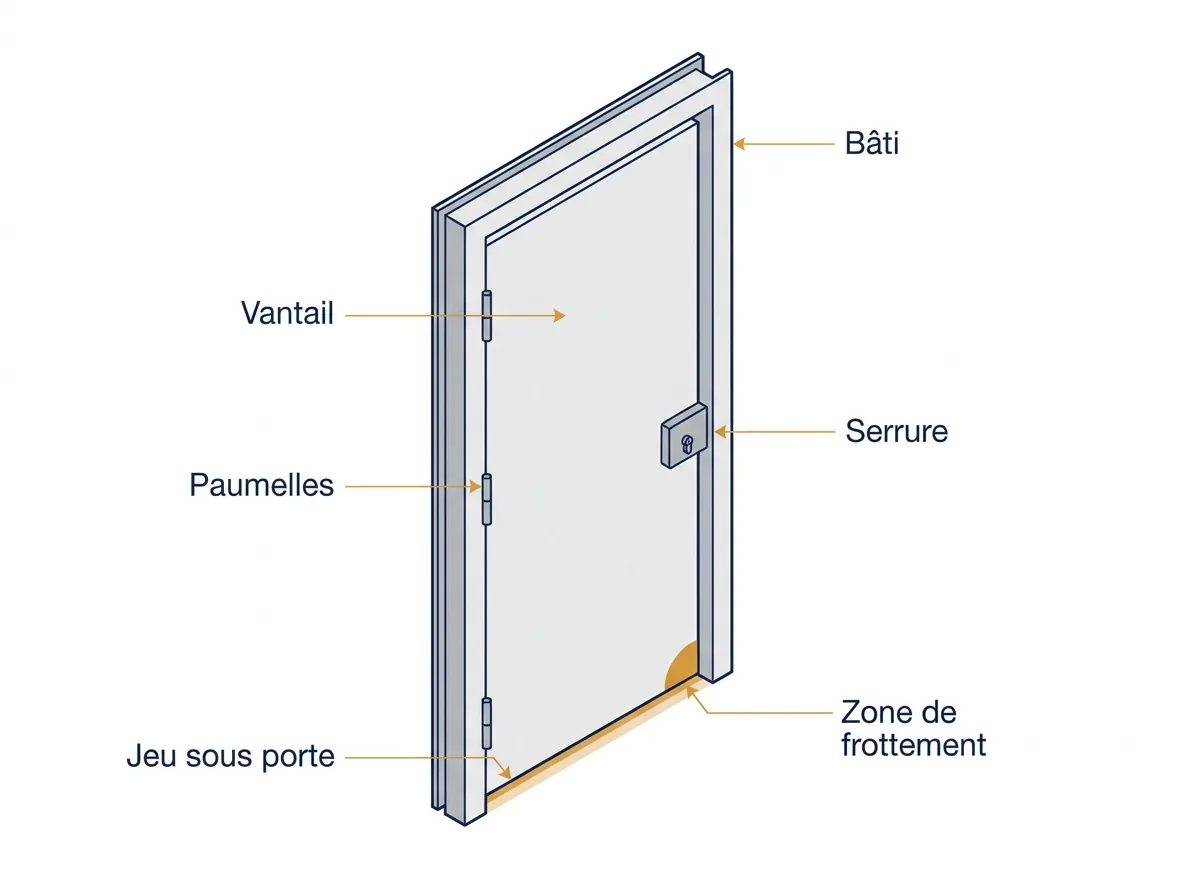 Porte à Le Coudray-Montceaux : repérage du bâti, de la serrure et d’une zone de frottement