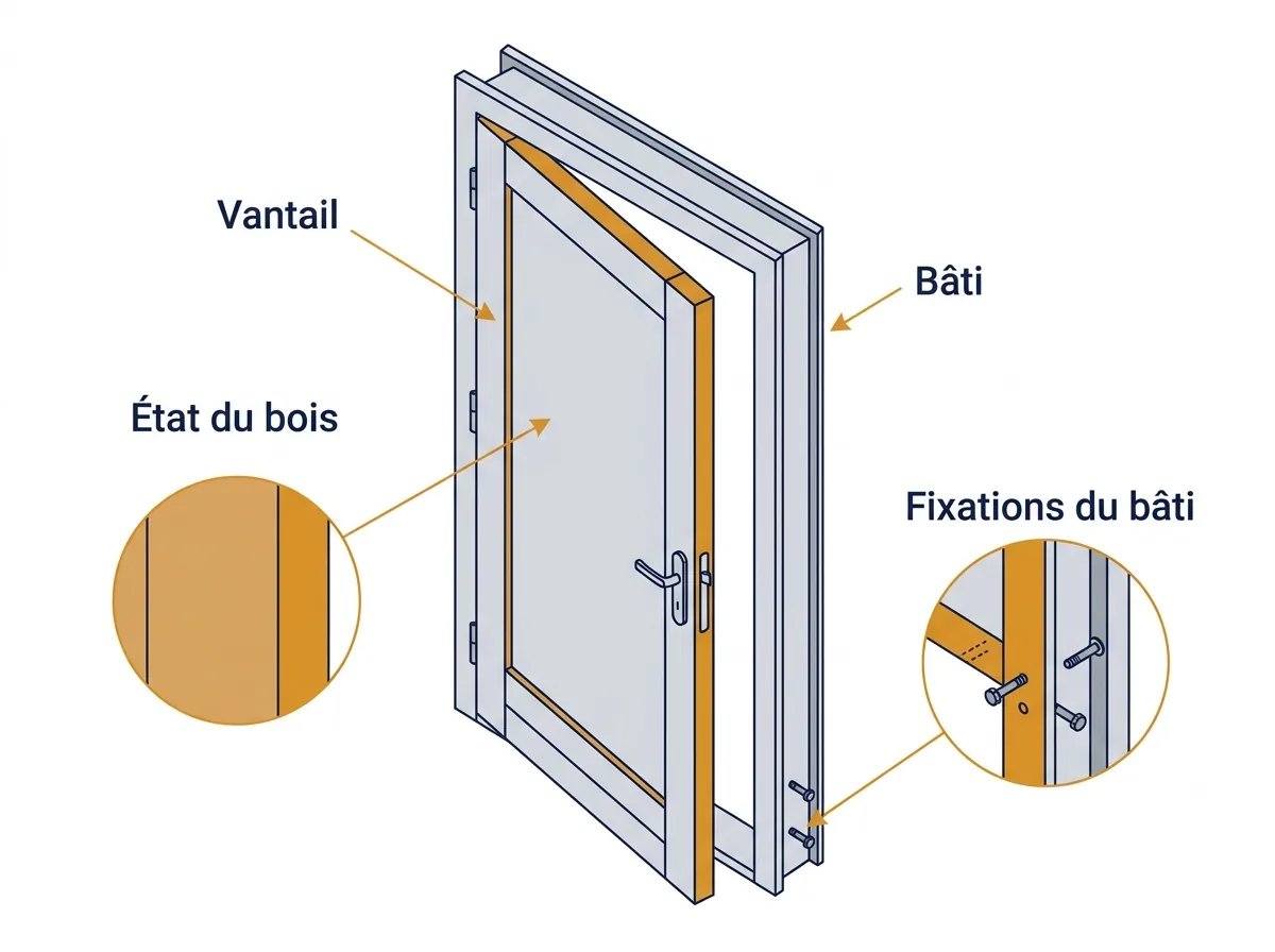 Porte à Les Essarts-le-Roi : points de contrôle du vantail, du bâti, du bois et des fixations