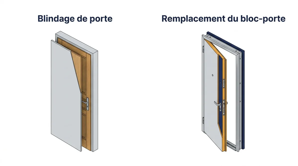 Porte à Longjumeau : blindage du vantail conservé ou remplacement complet du bloc-porte