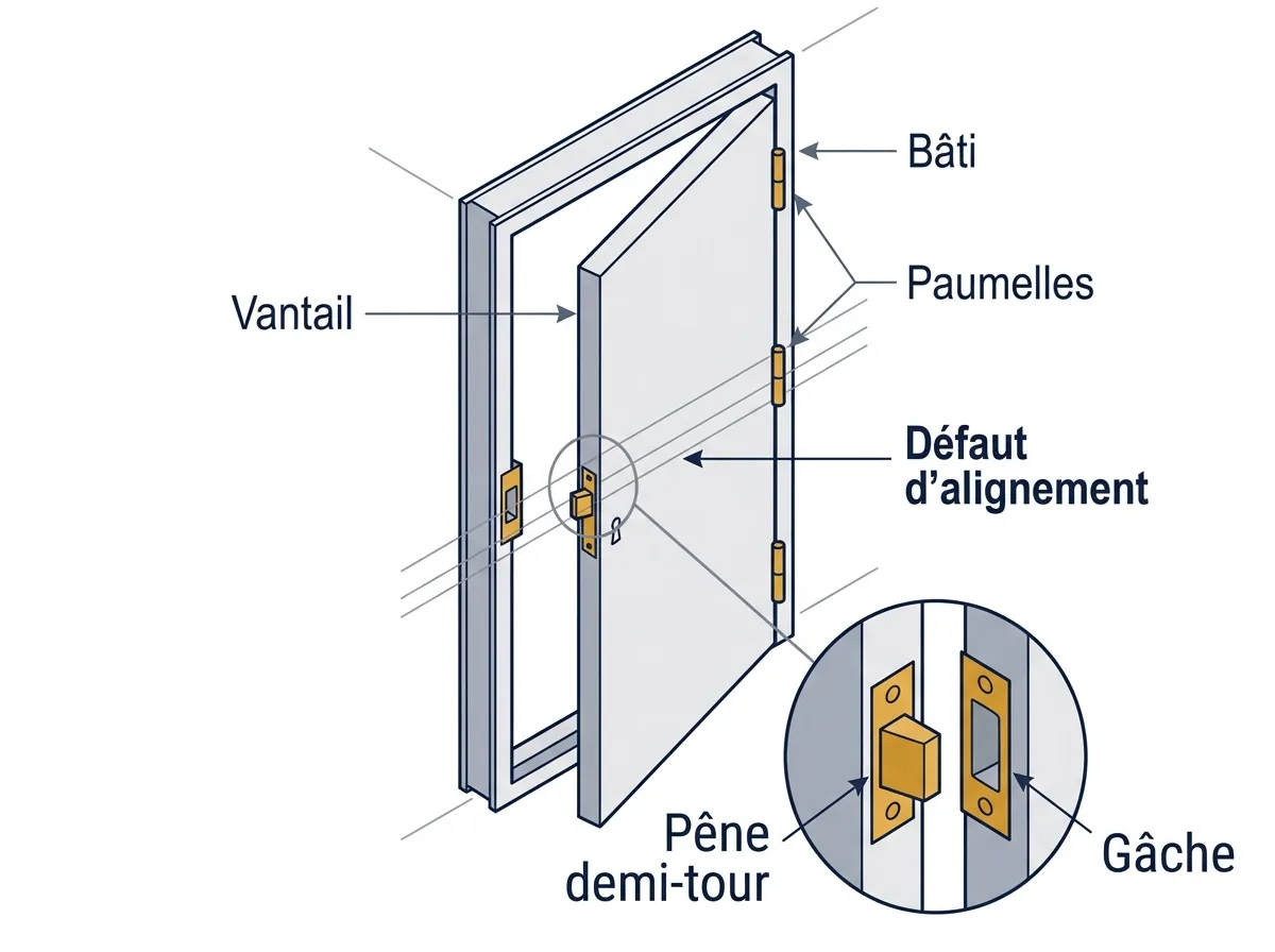 Porte à Morangis : schéma du défaut d’alignement entre le pêne et la gâche