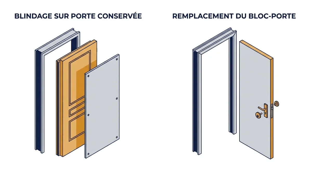 Porte à Paris 4e : comparaison entre blindage sur porte conservée et remplacement du bloc-porte