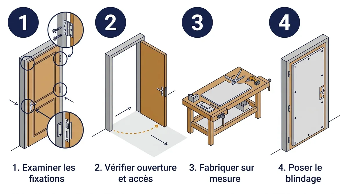 Porte à Saint-Pathus : contrôle des fixations et des accès, fabrication puis pose du blindage