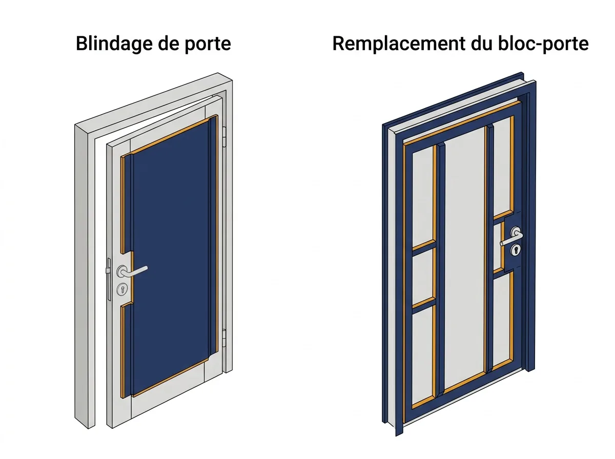 Porte à Suresnes : comparaison entre le blindage de la porte conservée et le remplacement du bloc-porte