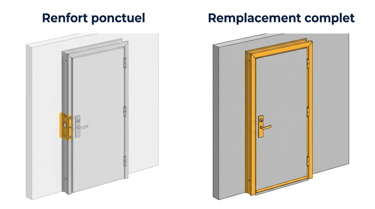 Porte à Survilliers : comparaison du périmètre d’un renfort ponctuel et d’un remplacement complet