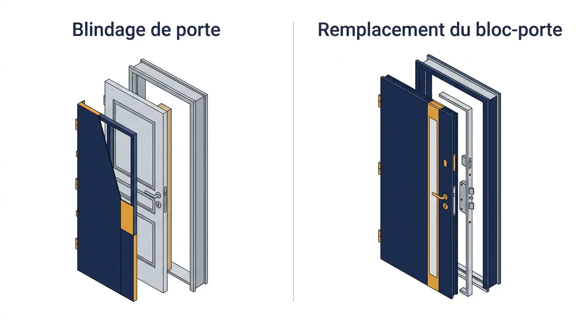 Porte à Versailles : comparaison du blindage sur porte conservée et du remplacement du bloc-porte