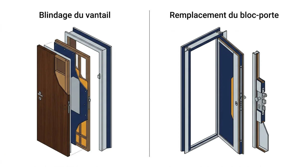 Porte à Voisins-le-Bretonneux : comparaison entre blindage du vantail et remplacement du bloc-porte