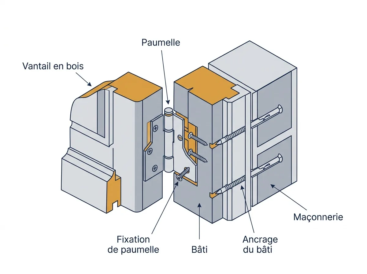 Porte ancienne à Bois-Colombes : coupe du bois, des paumelles et des fixations du bâti