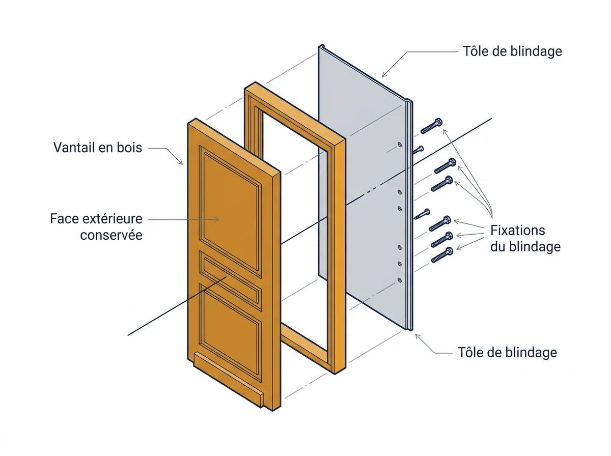 Porte ancienne à Villeneuve-le-Roi : vue éclatée du vantail conservé et du blindage intérieur