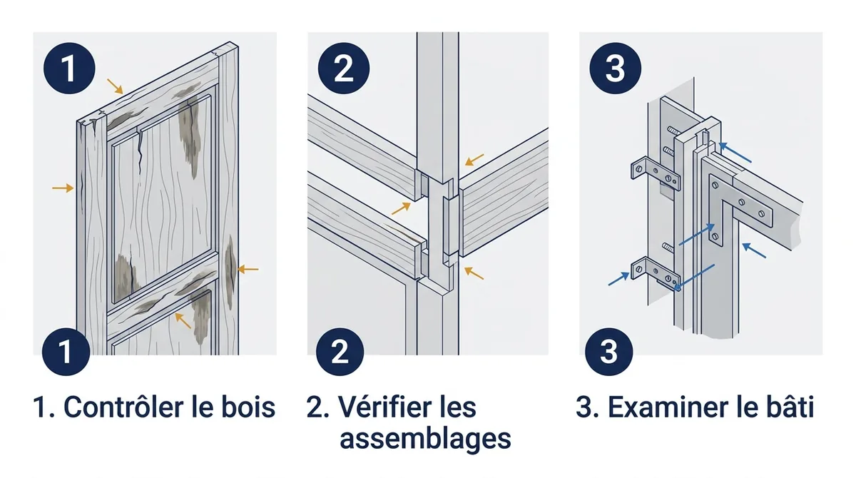 Porte ancienne à Villeneuve-Saint-Georges : trois contrôles du bois, des assemblages et du bâti