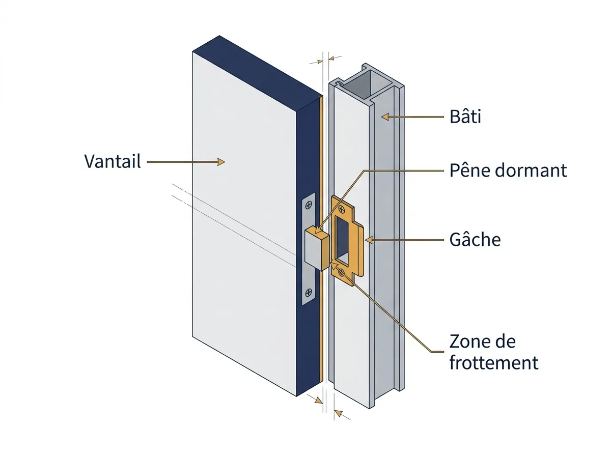 Porte blindée à Bois-Colombes : schéma du désalignement entre le pêne dormant et la gâche