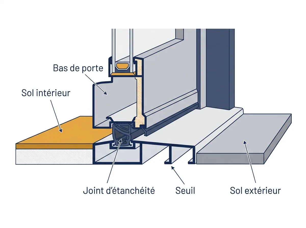 Porte blindée à Fosses : coupe du seuil et de la jonction entre intérieur et extérieur