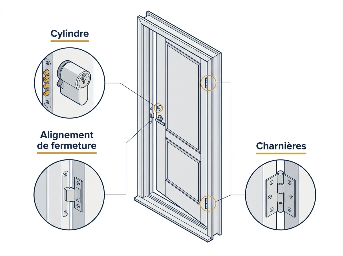 Porte blindée à Le Chesnay-Rocquencourt : cylindre, alignement et charnières à contrôler
