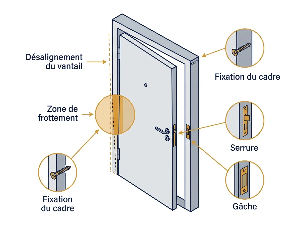 Porte blindée à Villeneuve-Saint-Georges : repérage des frottements, fixations et organes de fermeture