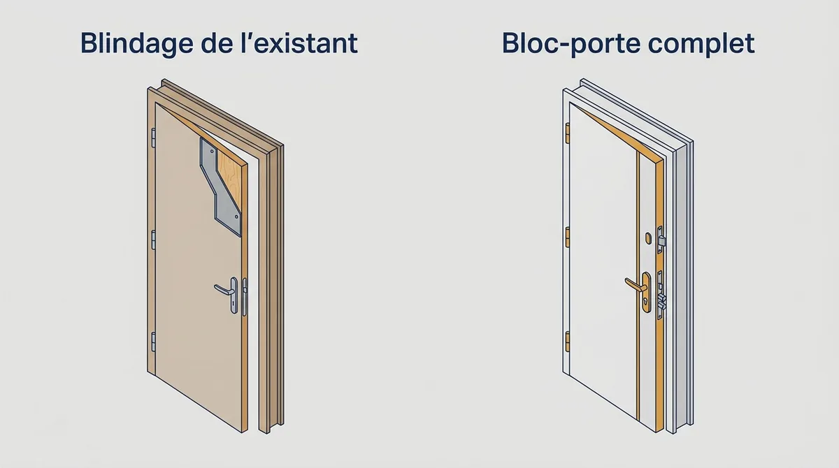 Porte d’entrée à Aubergenville : comparaison entre blindage de l’existant et bloc-porte complet