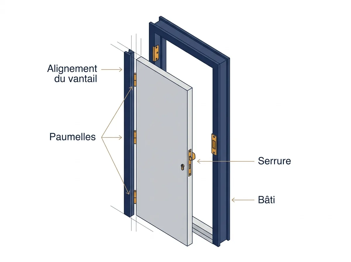 Porte d’entrée à Eaubonne : contrôle de l’alignement, des paumelles et de la serrure