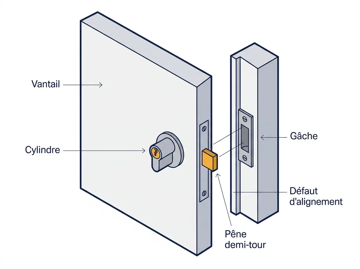 Porte d’entrée à Ézanville : cylindre et défaut d’alignement entre le pêne et la gâche