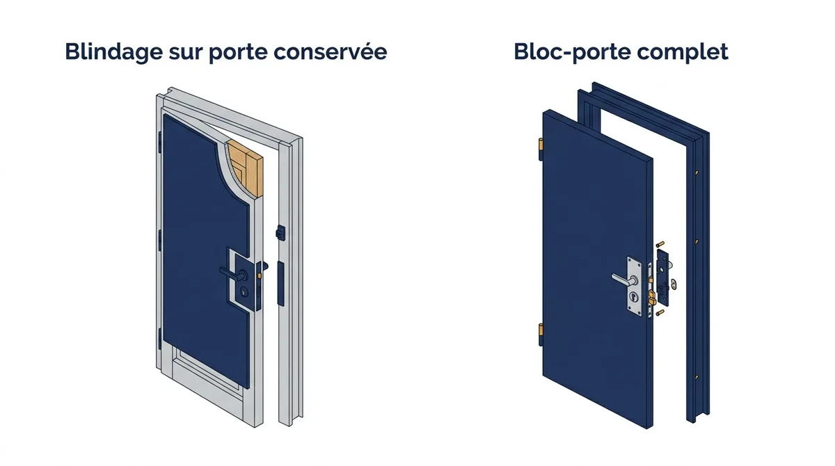 Porte d’entrée à Fosses : comparatif entre blindage de la porte conservée et bloc-porte complet