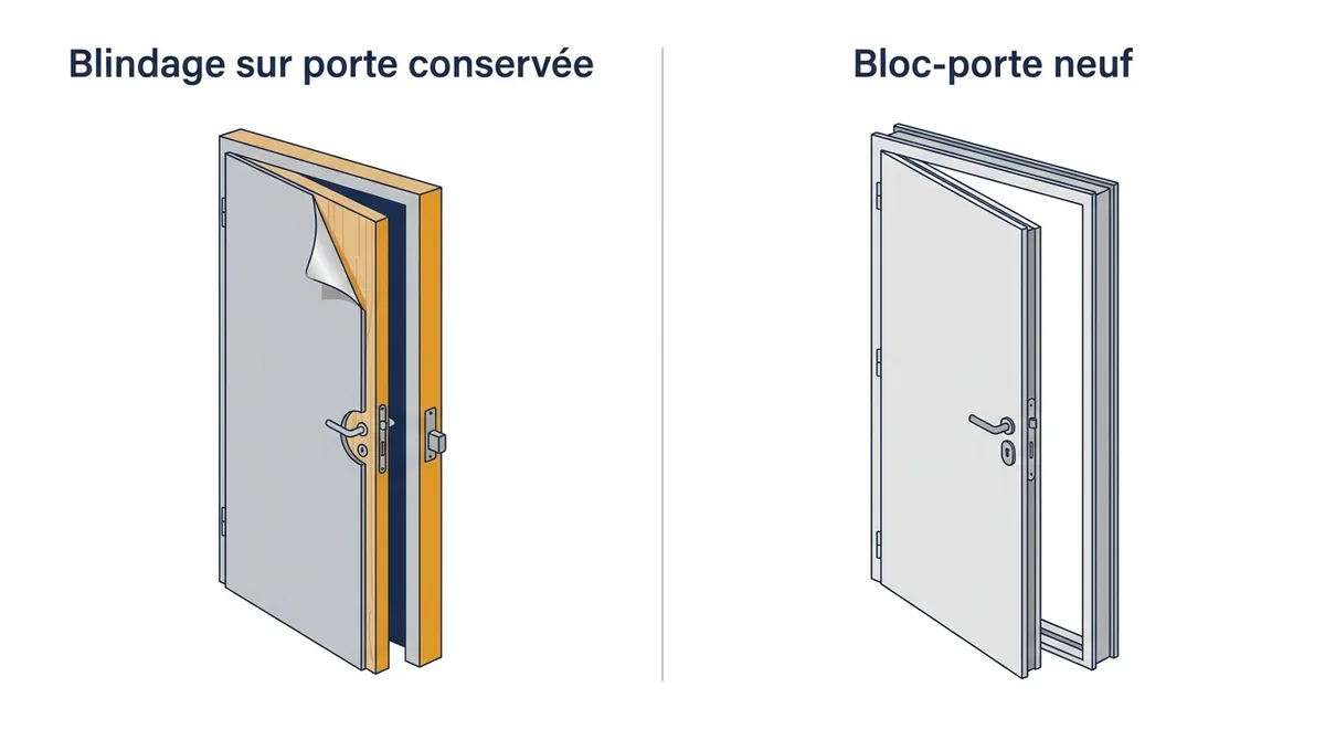 Porte d’entrée à Paris 12e : comparaison du blindage sur porte conservée et du bloc-porte neuf