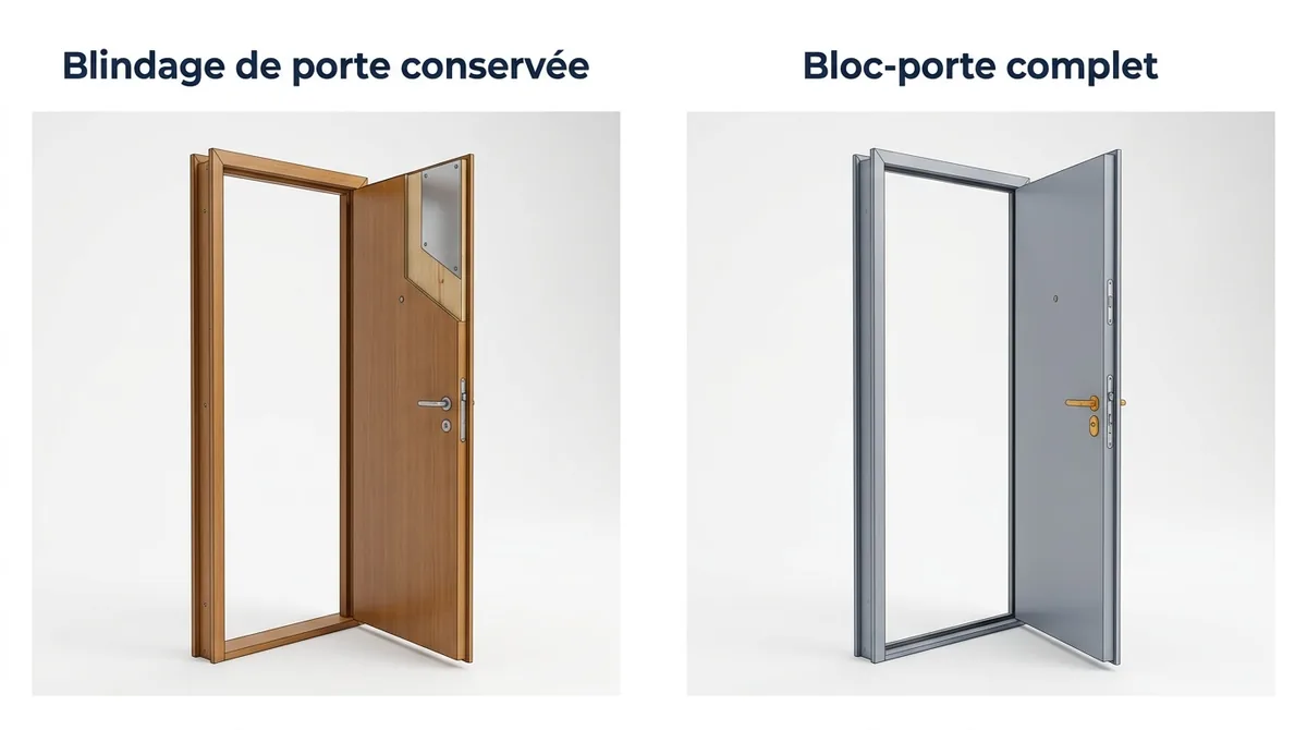 Porte d’entrée à Paris 20e : comparaison entre blindage de la porte conservée et bloc-porte complet