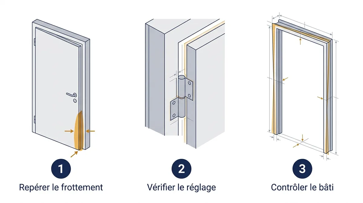 Porte désalignée à Boissise-le-Roi : étapes de contrôle du frottement, du réglage et du bâti
