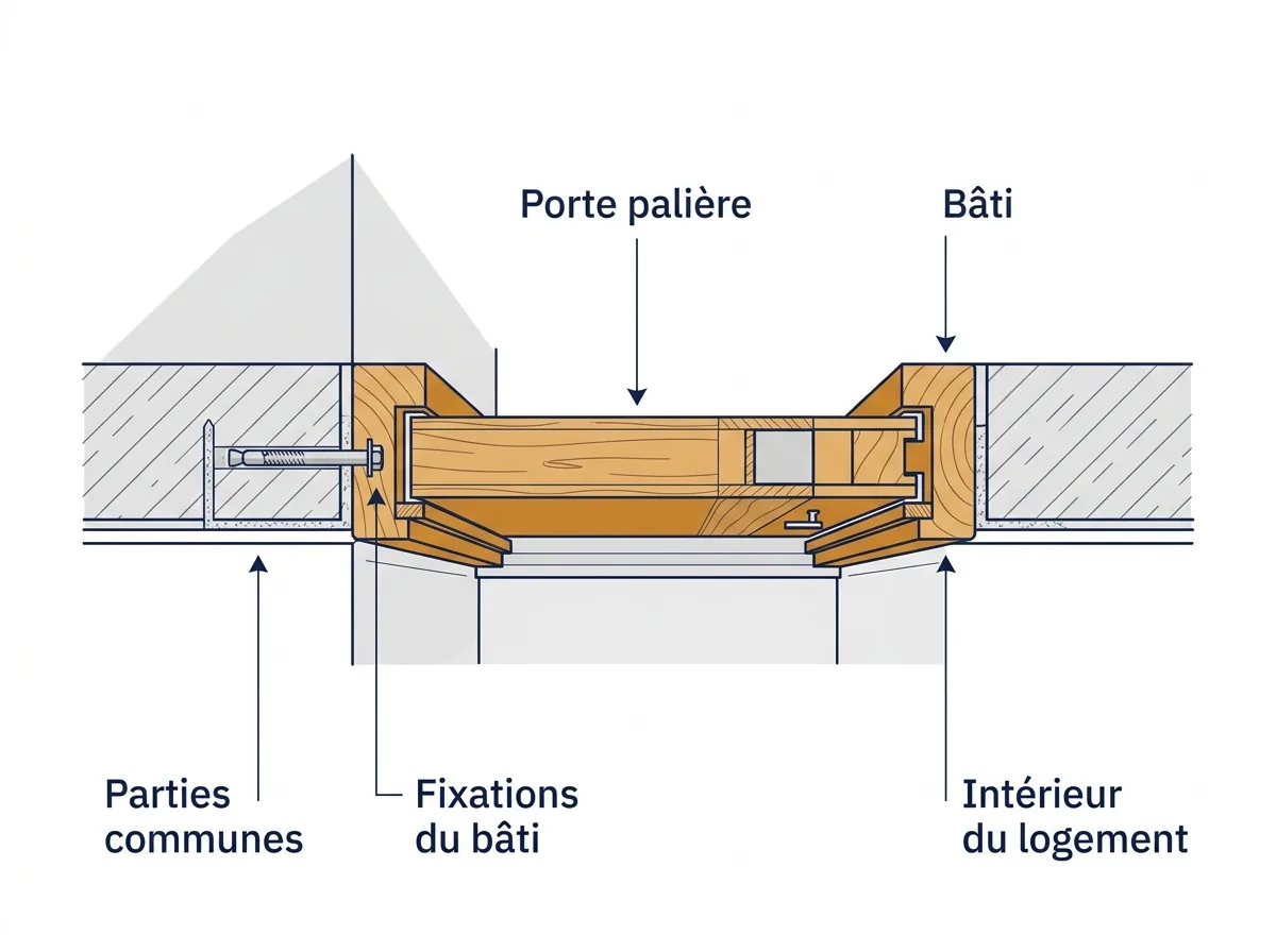 Porte palière à Asnières-sur-Seine : coupe du vantail, du bâti et des fixations