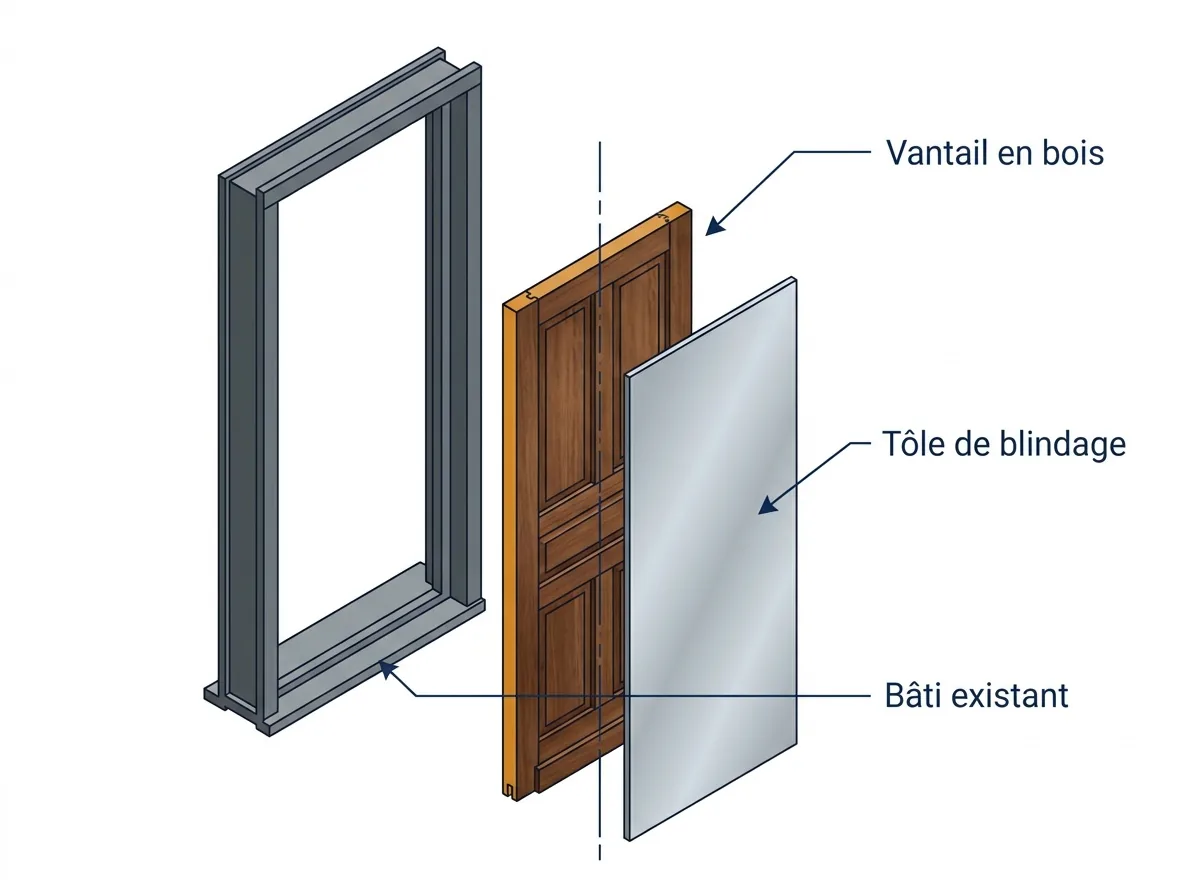 Porte renforcée à Paris 10e : vue éclatée du vantail en bois, de la tôle de blindage et du bâti