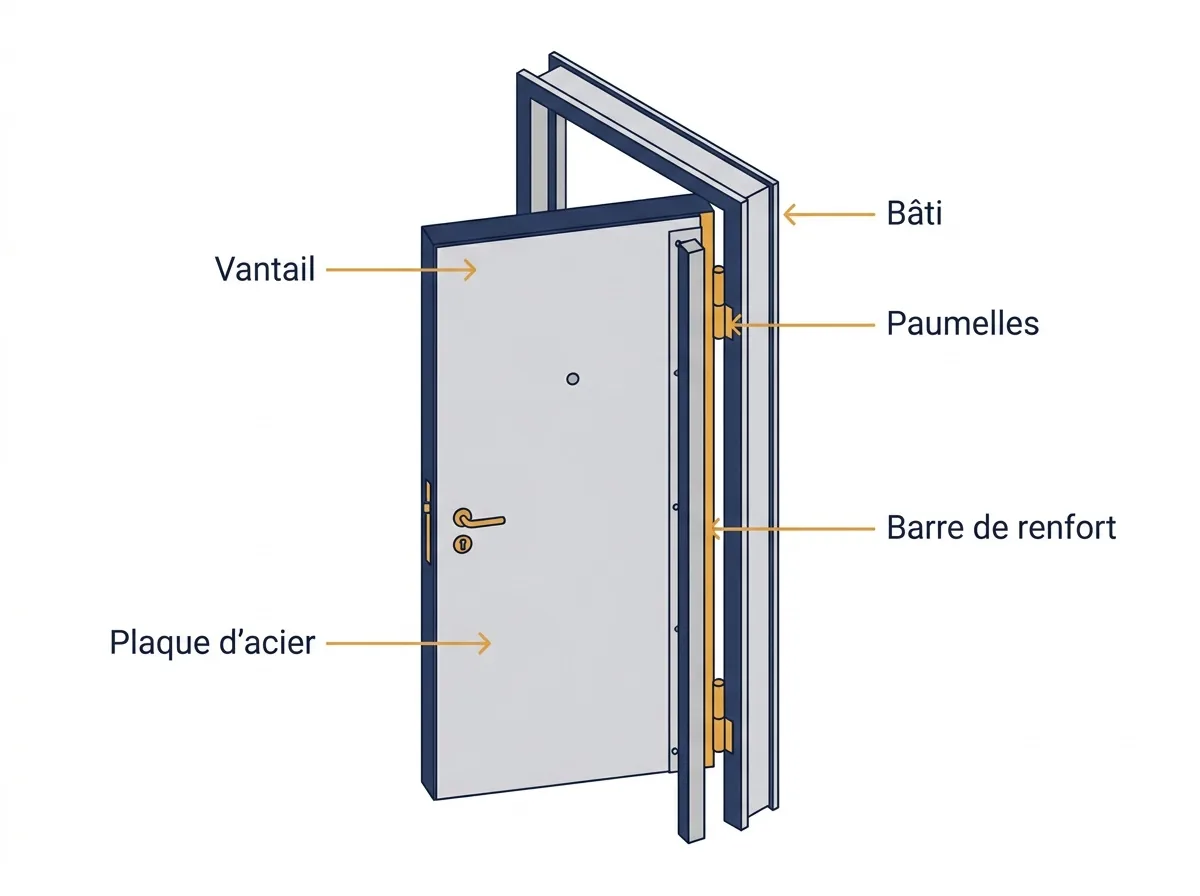 Porte renforcée à Paris 13e : détail du bâti, des paumelles et de la barre de renfort