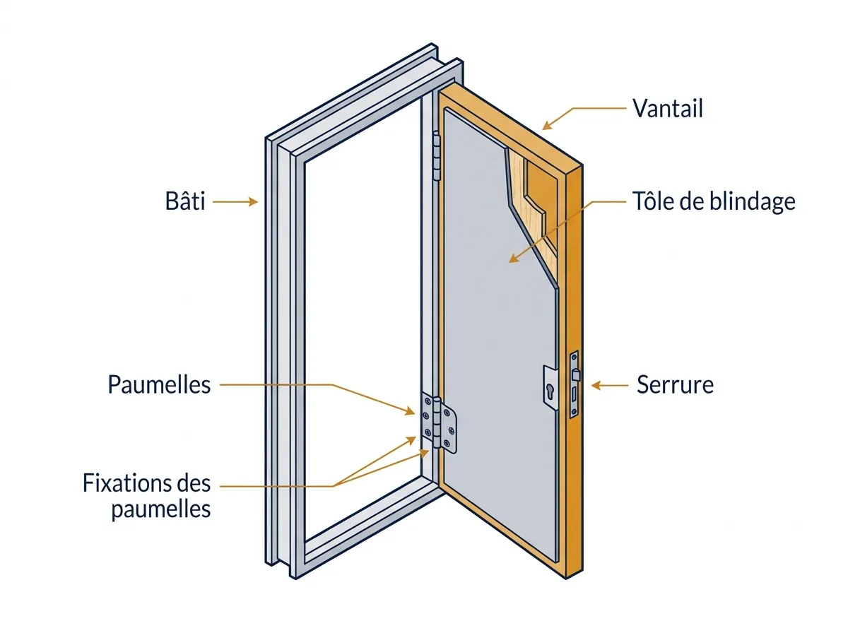 Porte renforcée à Paris 8e : schéma du bâti, des paumelles, des fixations et de la serrure