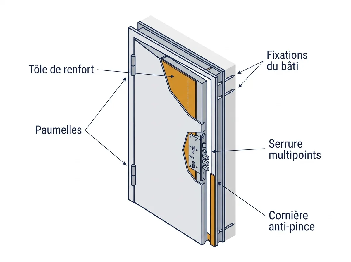 Porte renforcée à Thiais : tôle, paumelles, serrure multipoints et cornière anti-pince repérées