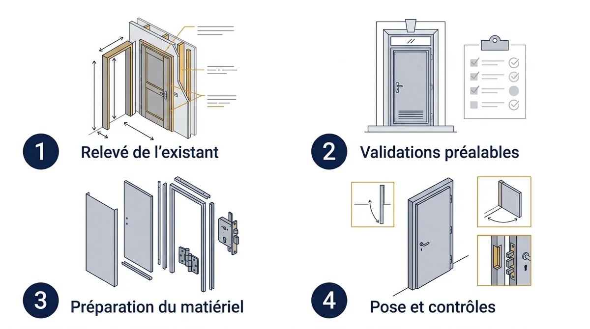 Projet de blindage de porte en quatre étapes : relevé, validations, préparation, pose et contrôles.