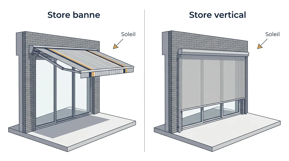 Protection solaire à Dampmart : zones ombragées par un store banne et un store vertical