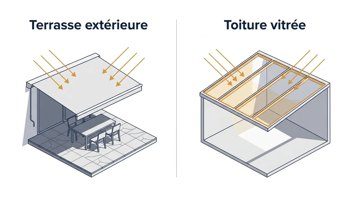 Protection solaire à Itteville : comparaison entre une terrasse extérieure et une toiture vitrée
