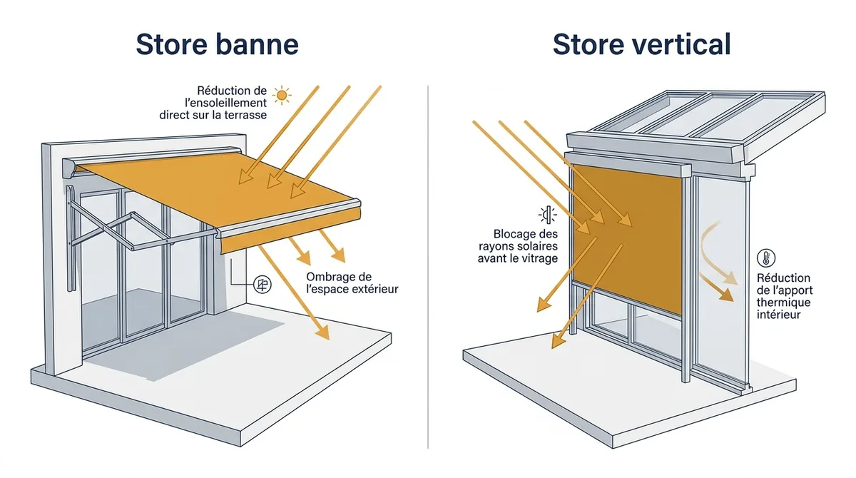 Protection solaire à Vaujours : store banne au-dessus d’une terrasse ou store vertical devant les vitrages