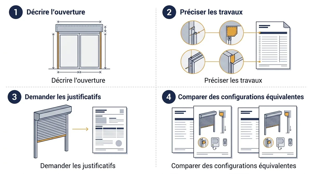 Quatre étapes pour comparer des devis de volet roulant : configuration, travaux et justificatifs.
