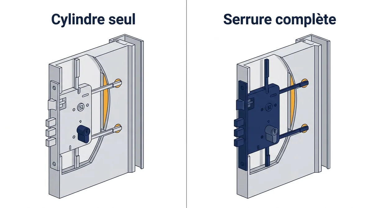 Remplacer le cylindre d'une porte blindée : comparatif entre cylindre seul et serrure complète.