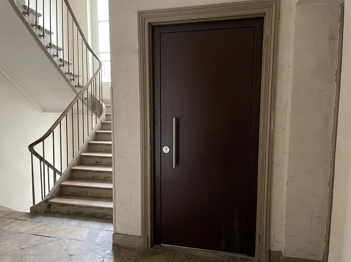 Renforcement de porte bois par tôle acier sur le palier d'un immeuble ancien